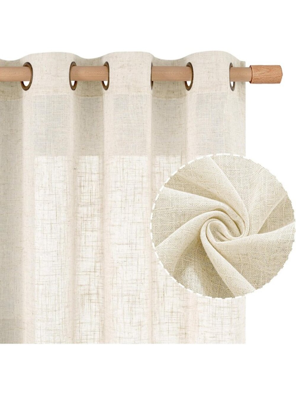 Cream 90" Long Linen Sheer Curtains, 2 Panels, Light Filtering Drapes for Living
